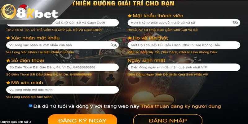 Nhập thông tin đăng ký 8kbet